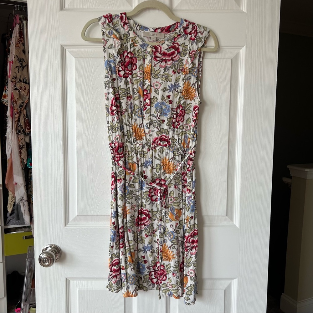 Loft Light Weight White Dress with Colorful Florals, Ruffle Sleeves & Tie Waist
